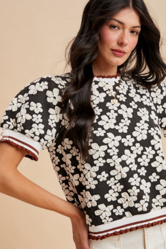 Black and White Flower Knit Top