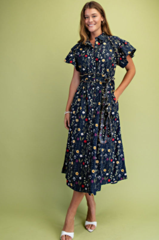 Navy Floral Belted Shirt Dress