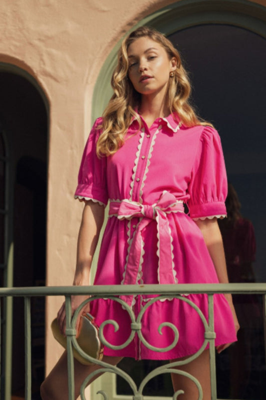 Jodifl Pink Scallop Trim Accent Button Down Dress