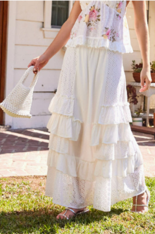 White Eyelet Ruffle Maxi Skirt
