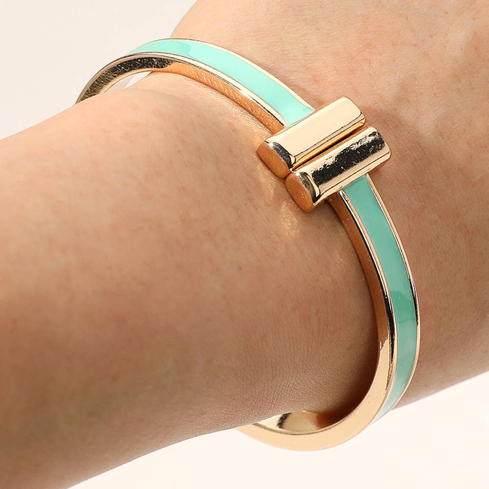 Mint Metal Bar Tip Enamel Hinged Bangle Bracelet