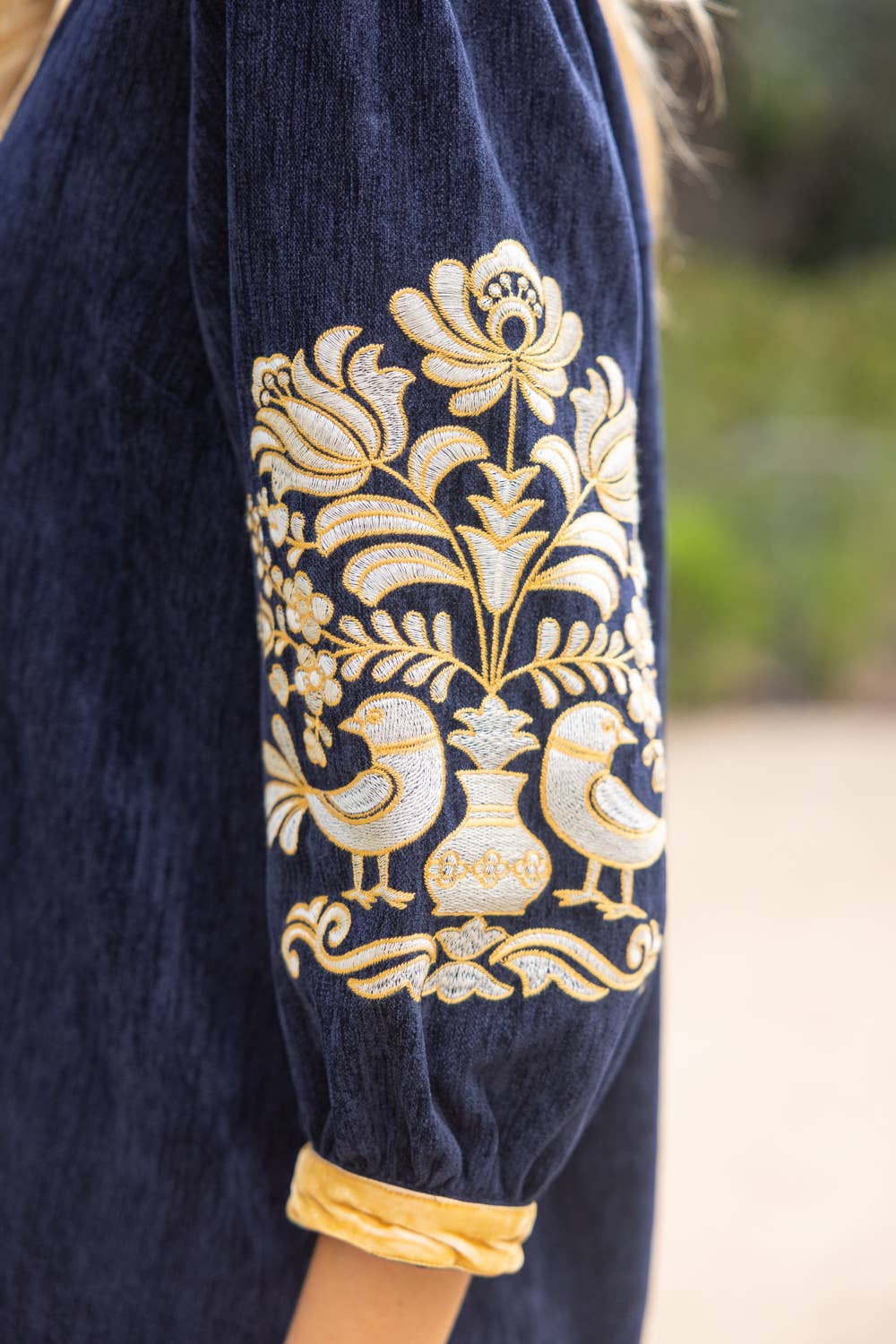VOY Midnight Gold Embroidered Sleeve Velvet Shift Dress