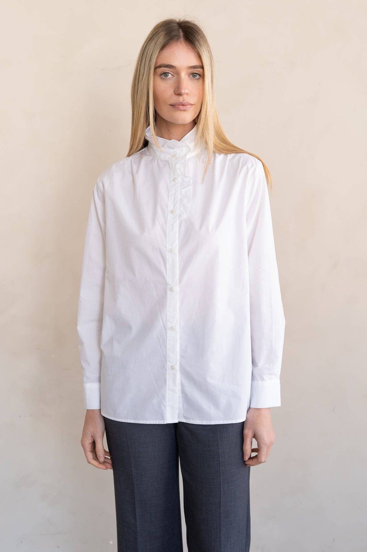Elle Grey White Ruffle Collar Button Blouse