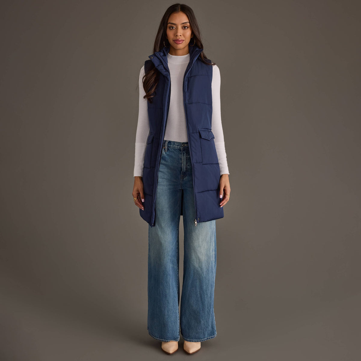 Navy Blue Long Quilted Vest