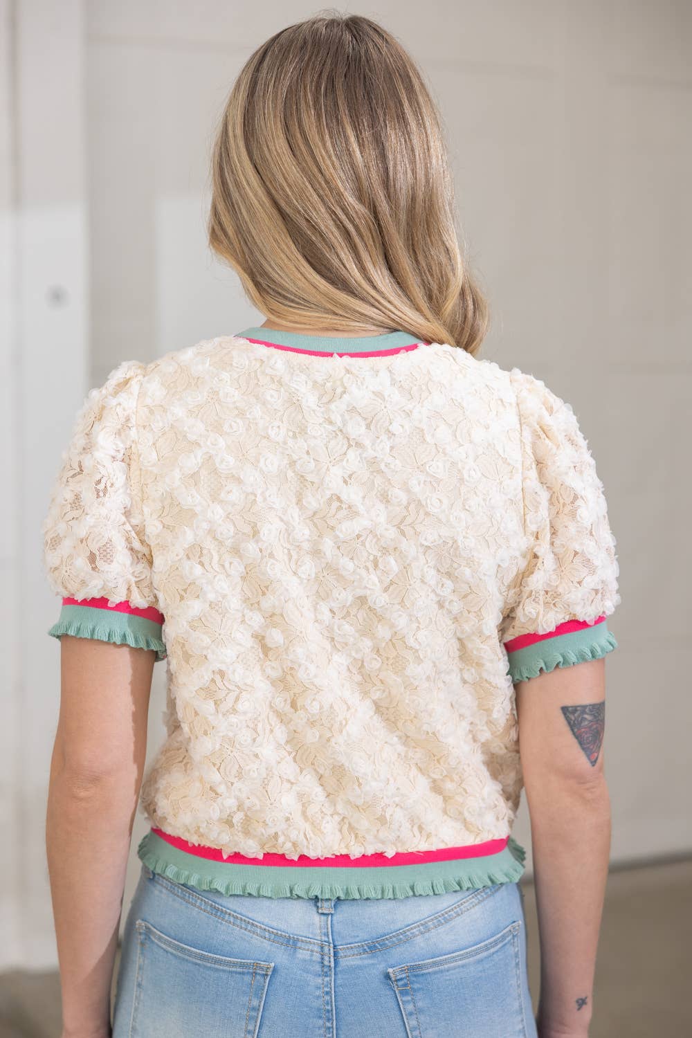 VOY Stripe Ribbed Knit Band Floral Textured Lace Top