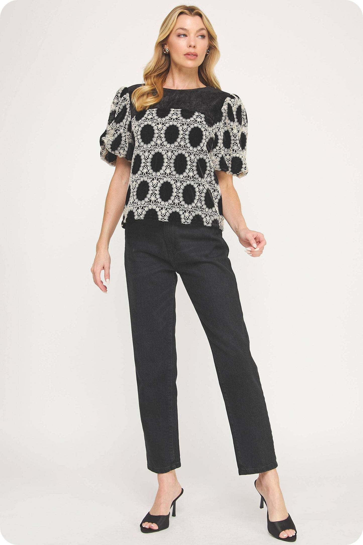Strut and Bolt Crochet Velvet Puff Sleeve Top
