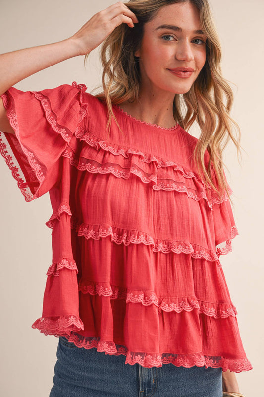 &Merci Tiered Ruffle Lace Trim Swing Top