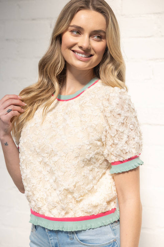 VOY Stripe Ribbed Knit Band Floral Textured Lace Top