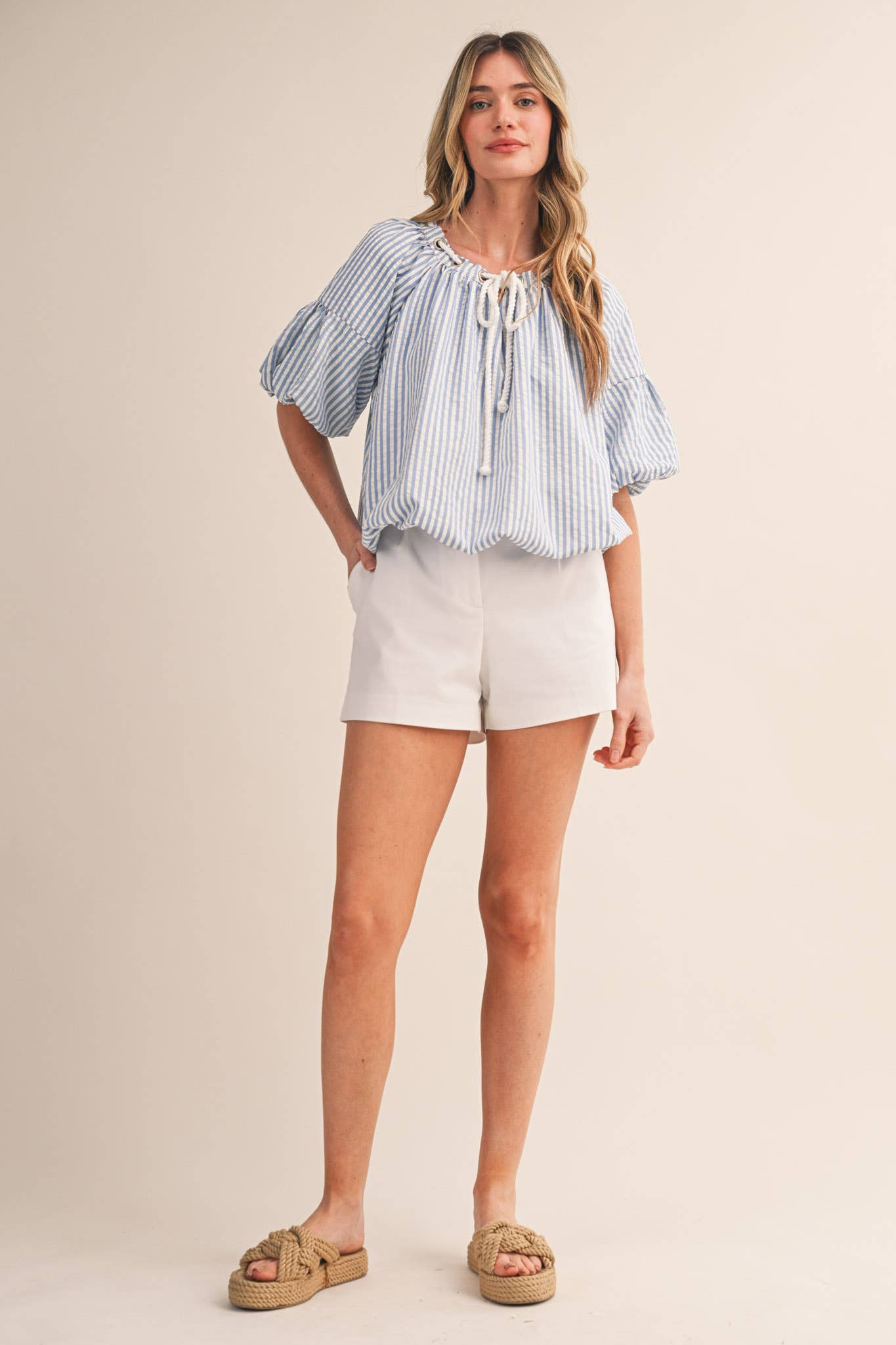 &Merci Blue and White Stripe Rope Trim Top