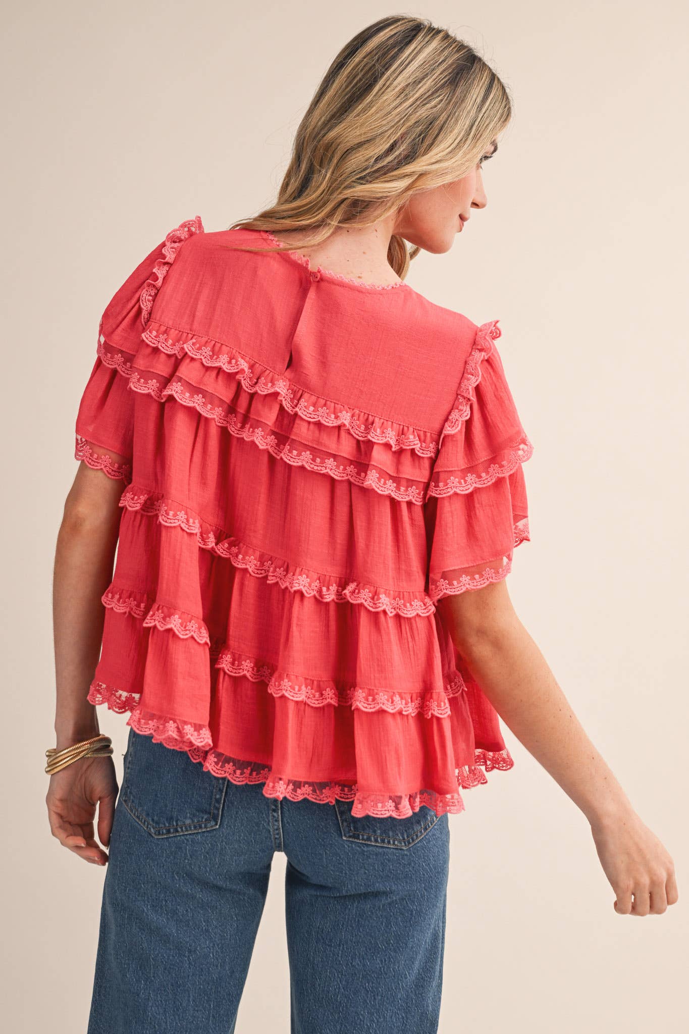 &Merci Tiered Ruffle Lace Trim Swing Top