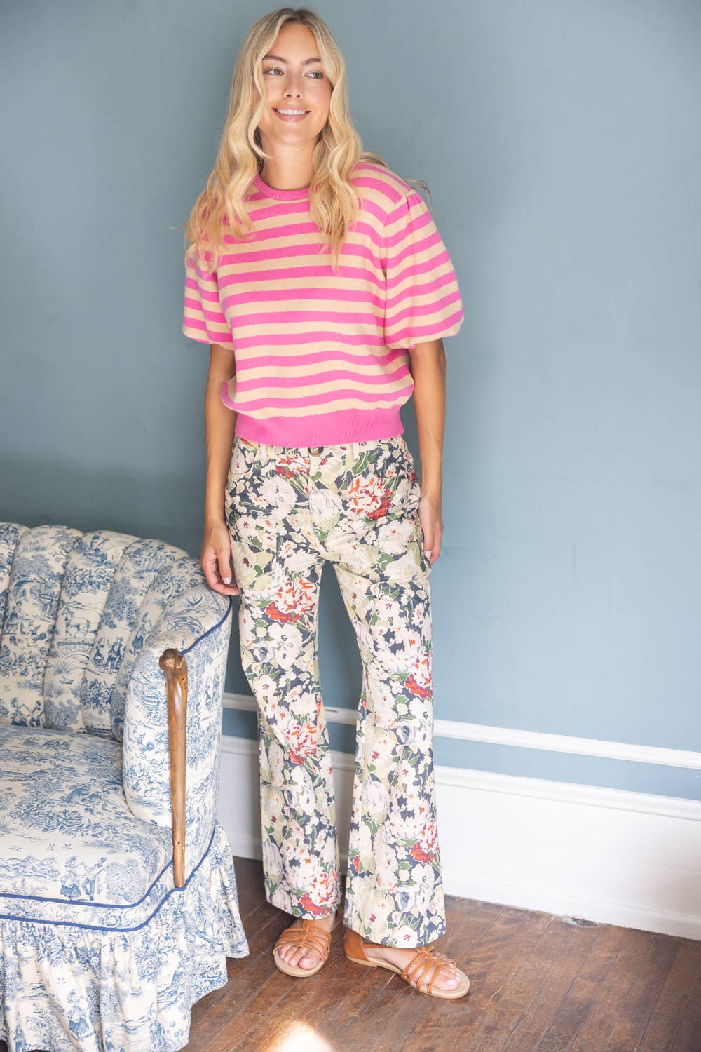 VOY Pink Stripe Printed Soft Top
