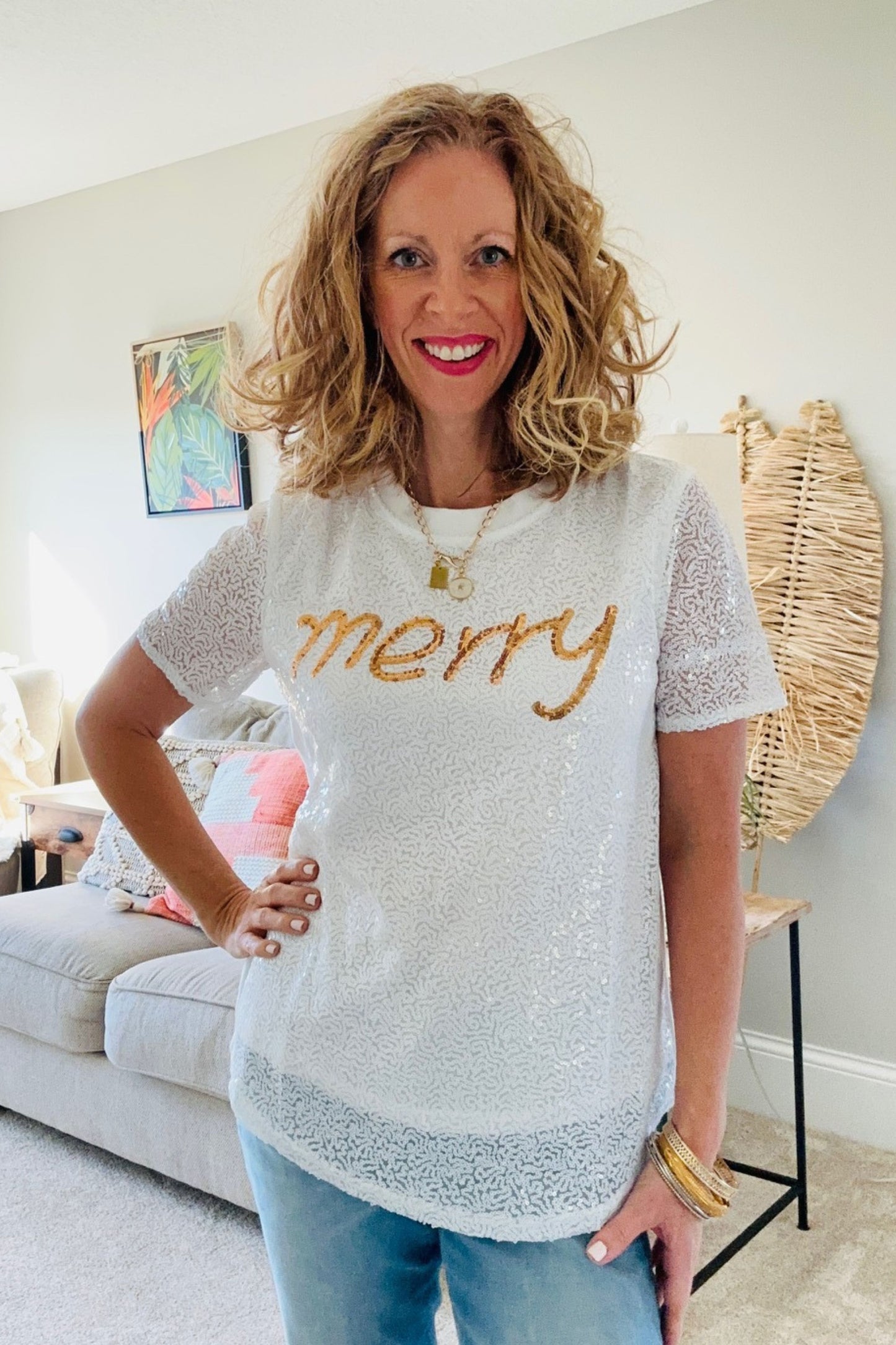 White and Gold Sequins Merry Top