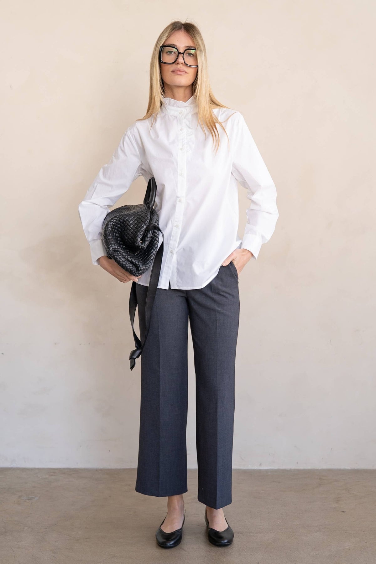Elle Grey White Ruffle Collar Button Blouse