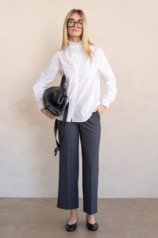 Elle Grey White Ruffle Collar Button Blouse