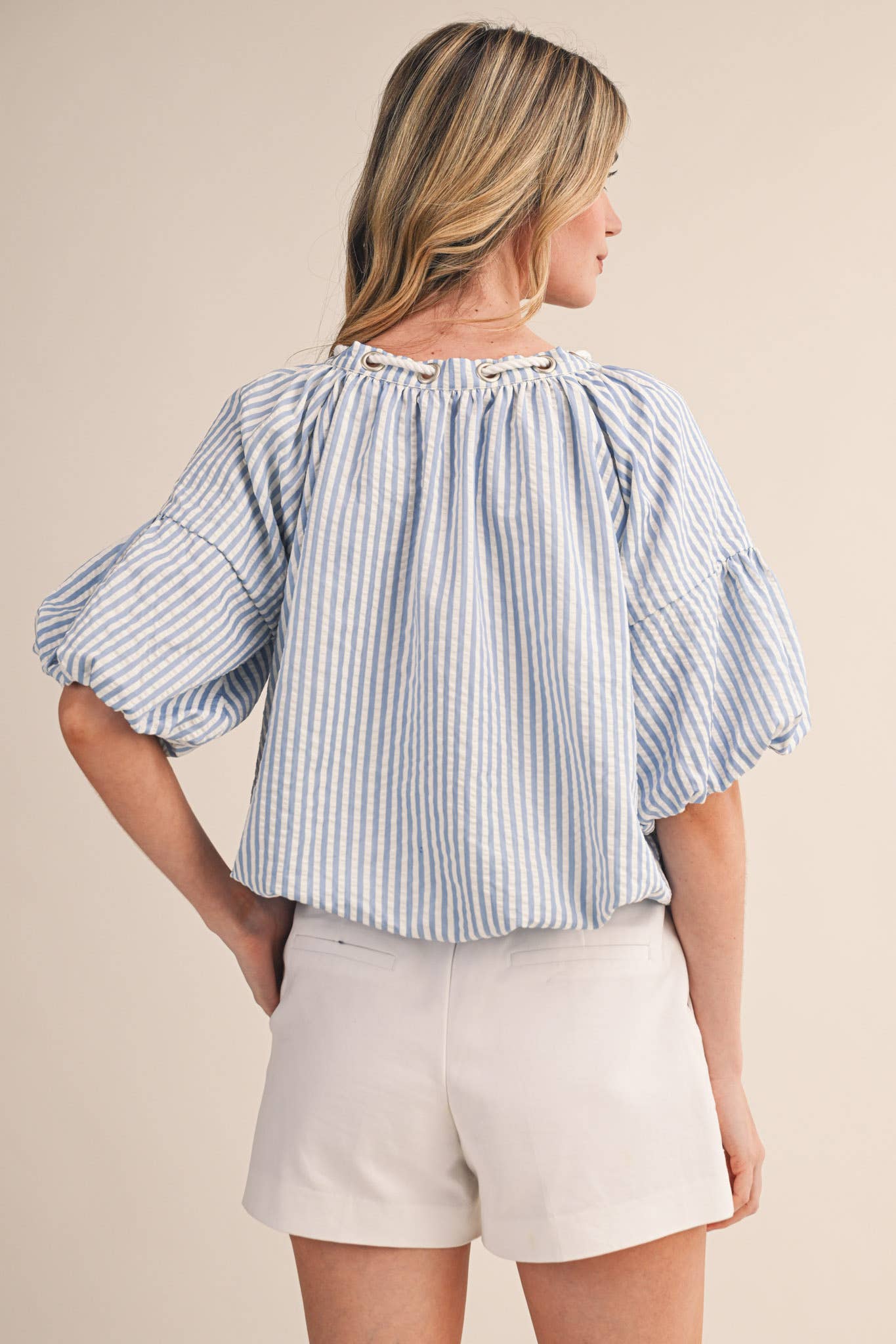 &Merci Blue and White Stripe Rope Trim Top