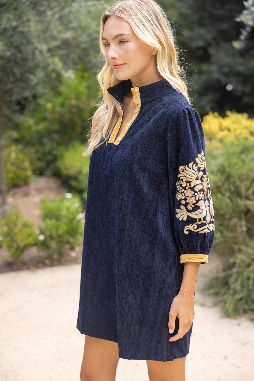 VOY Midnight Gold Embroidered Sleeve Velvet Shift Dress