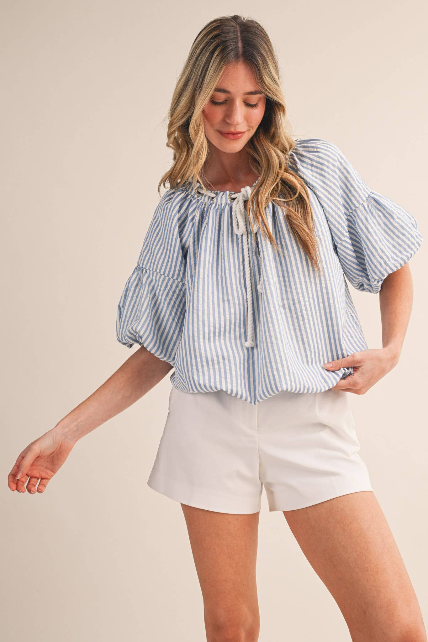 &Merci Blue and White Stripe Rope Trim Top