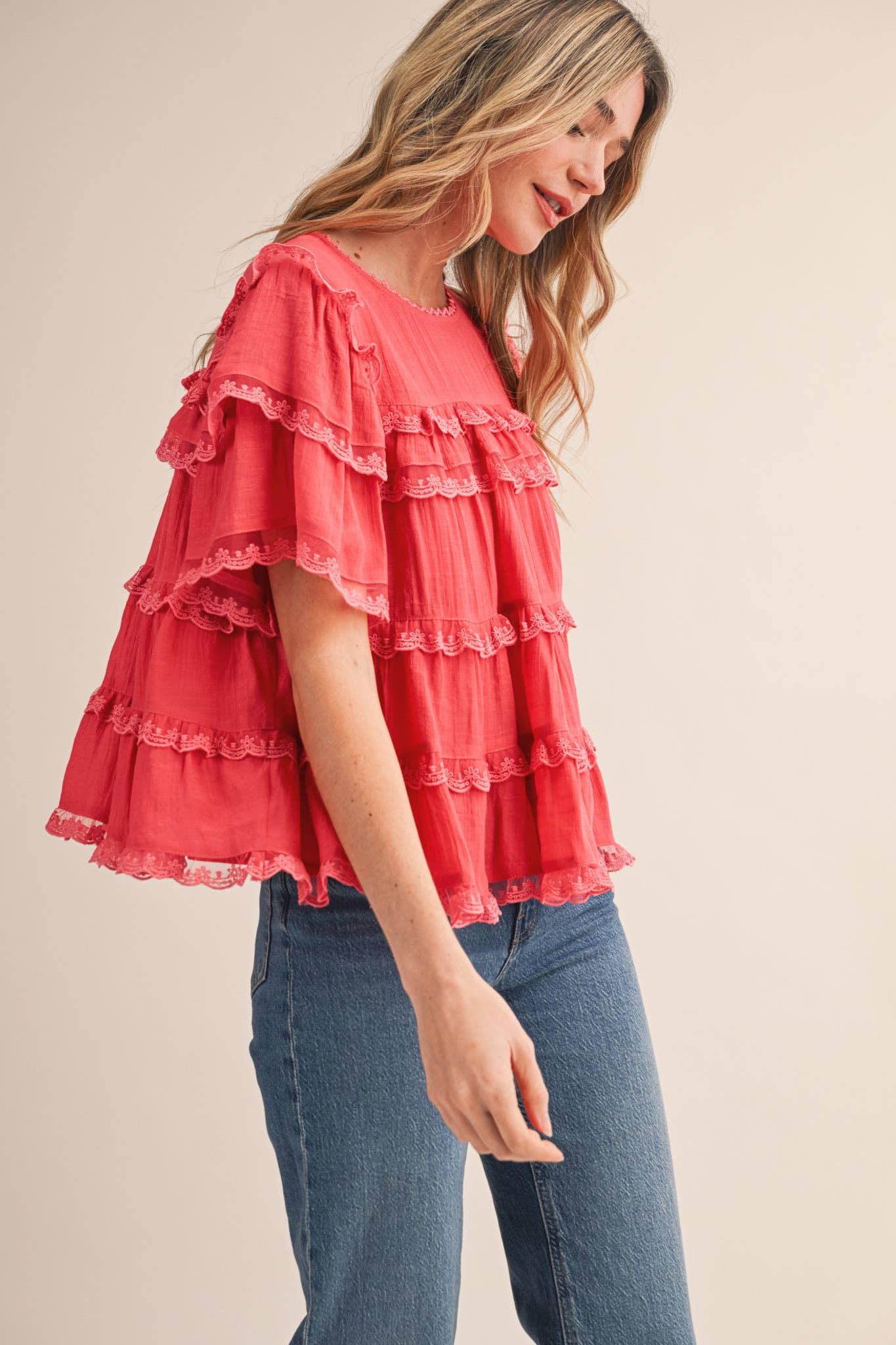 &Merci Tiered Ruffle Lace Trim Swing Top