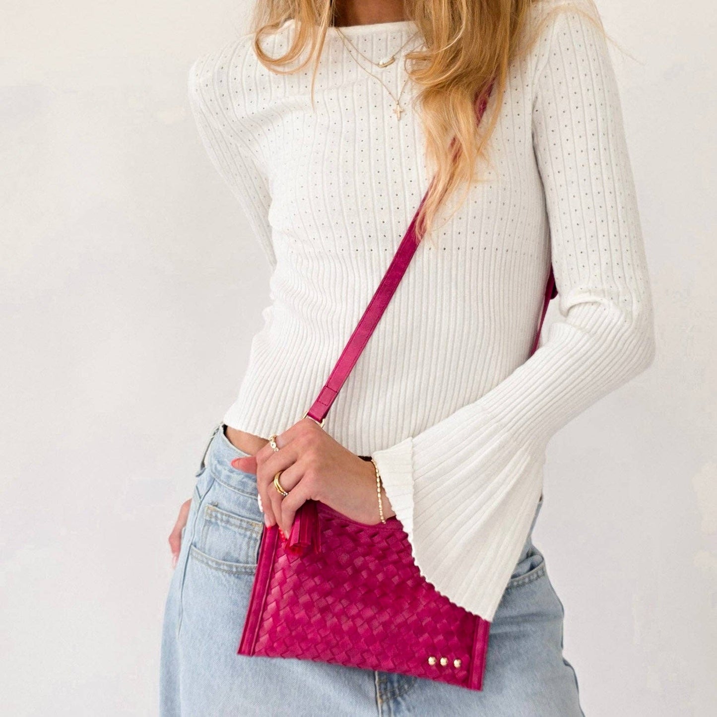 Fuchsia Veda Woven Crossbody and Clutch Bag