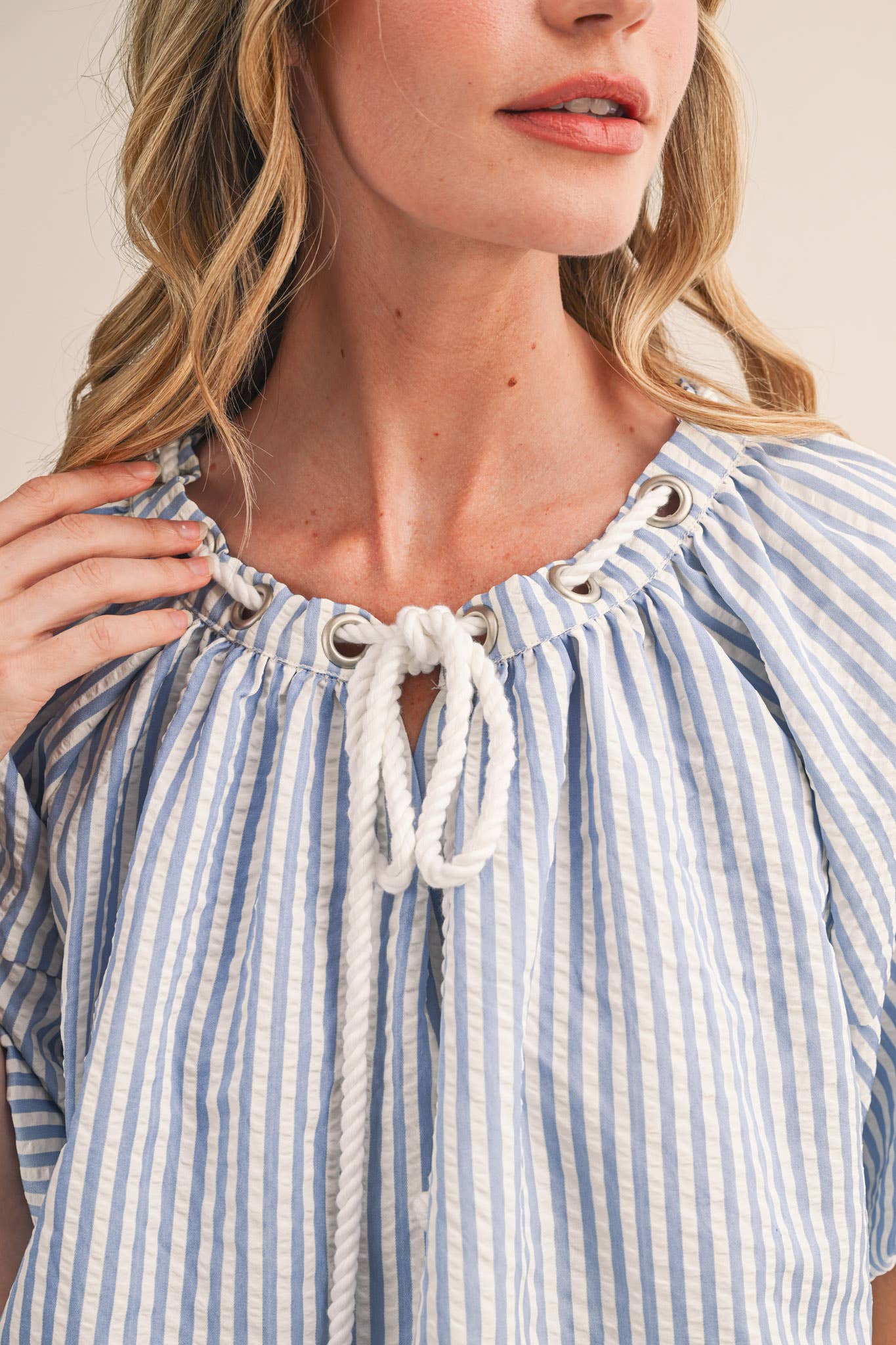 &Merci Blue and White Stripe Rope Trim Top