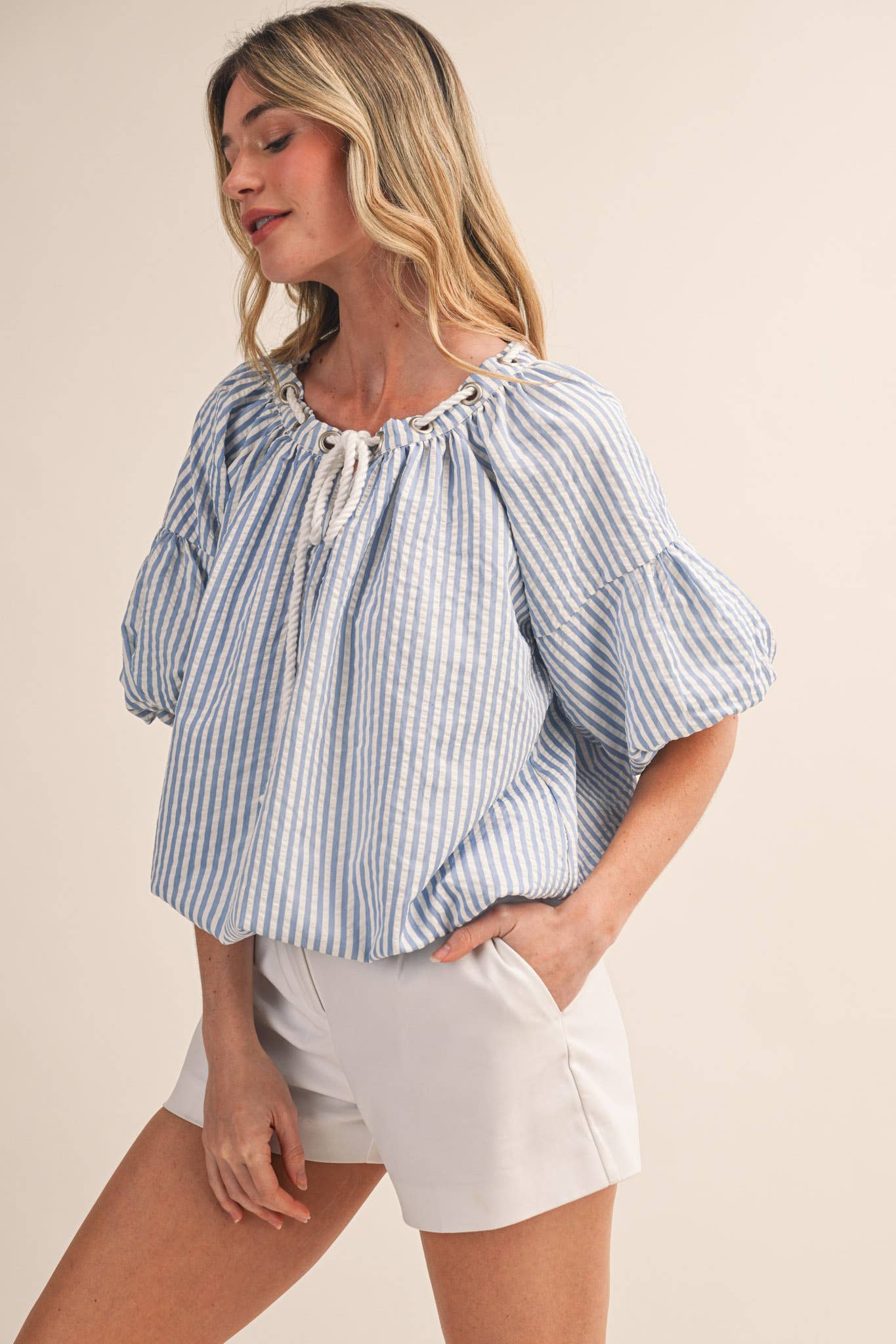 &Merci Blue and White Stripe Rope Trim Top