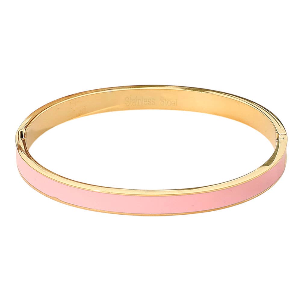 Pink Stainless Steel Enamel Inlay Hinged Bangle Bracelet