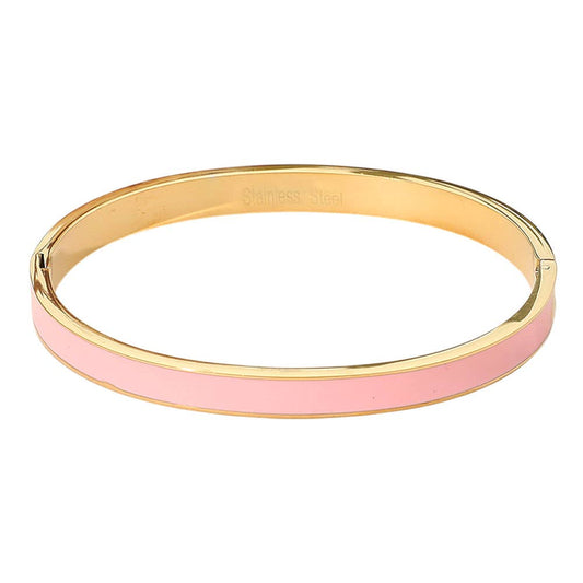 Pink Stainless Steel Enamel Inlay Hinged Bangle Bracelet