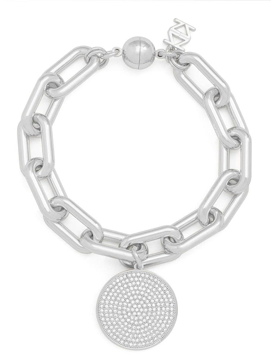 Silver Pavé Disc Charm Link Bracelet