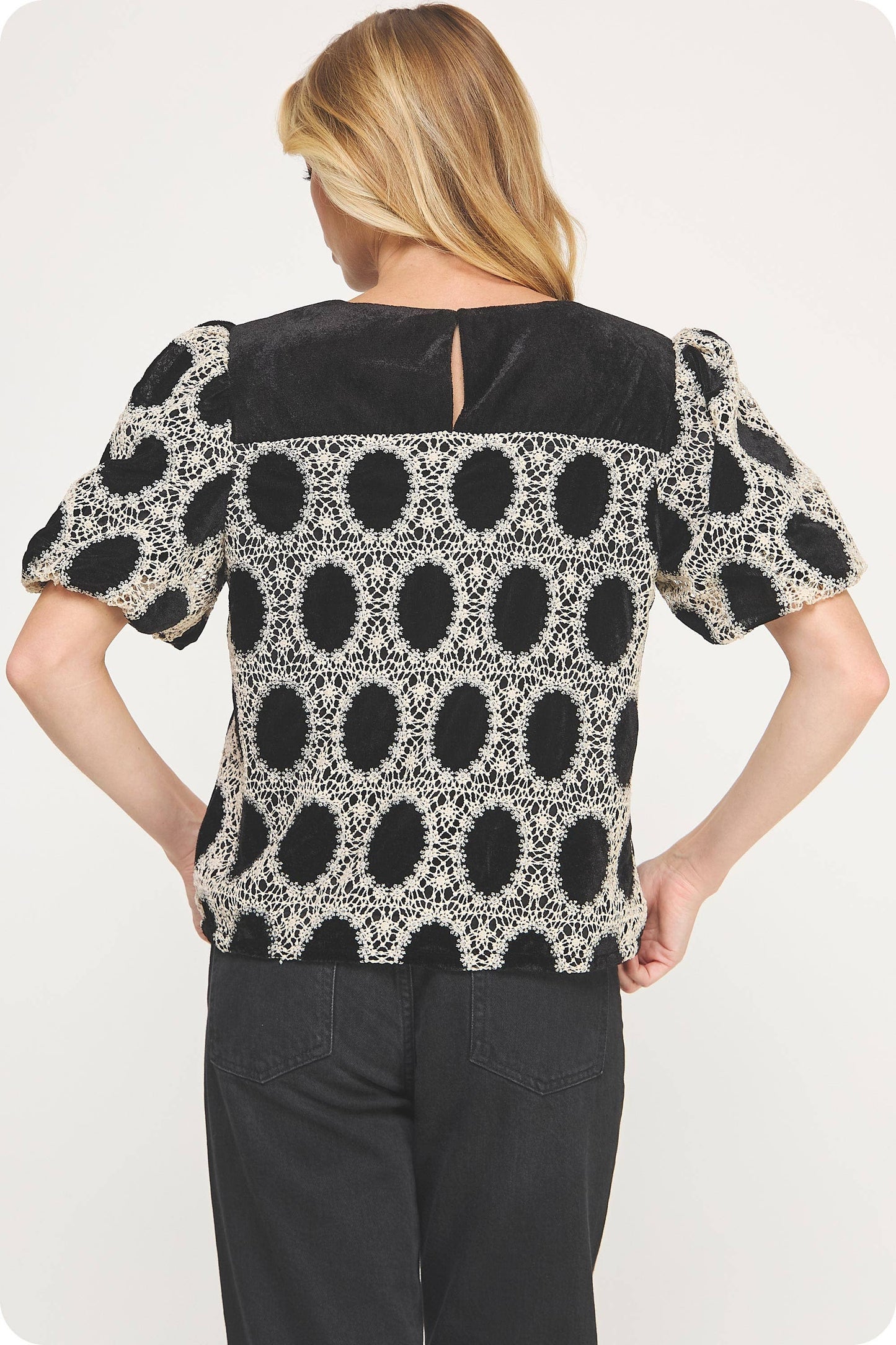 Strut and Bolt Crochet Velvet Puff Sleeve Top