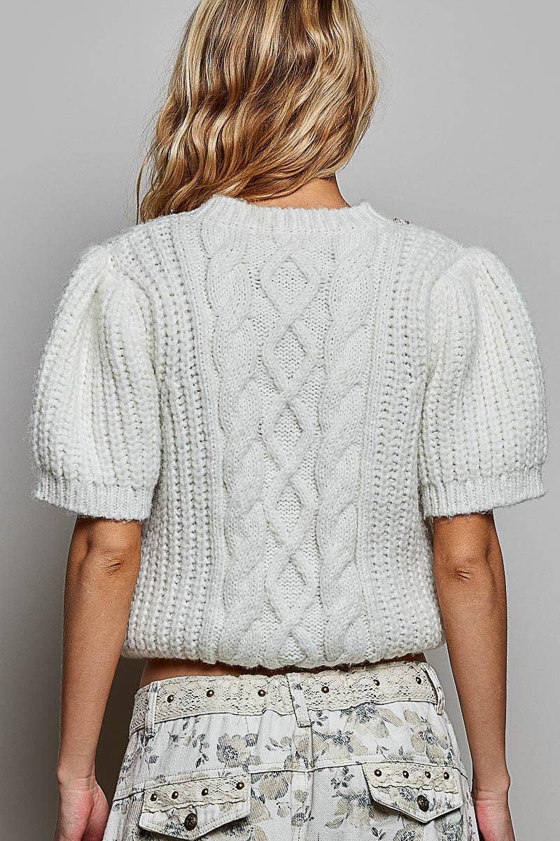 POL Textured Cable Knit Puff Sleeve with Bead Trim Sweater
