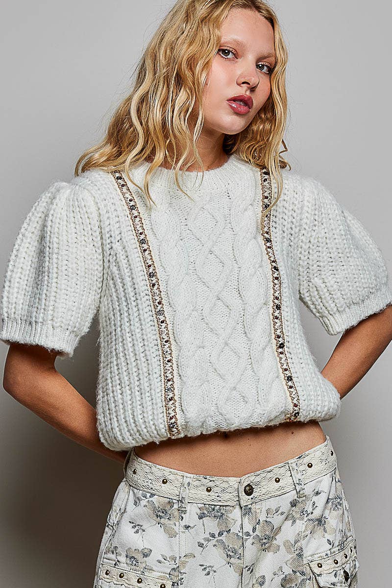 POL Textured Cable Knit Puff Sleeve with Bead Trim Sweater