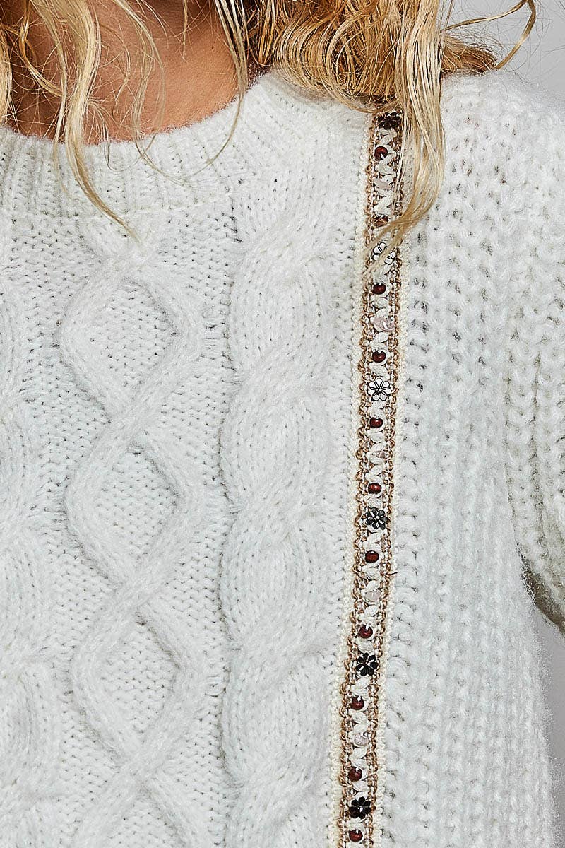 POL Textured Cable Knit Puff Sleeve with Bead Trim Sweater