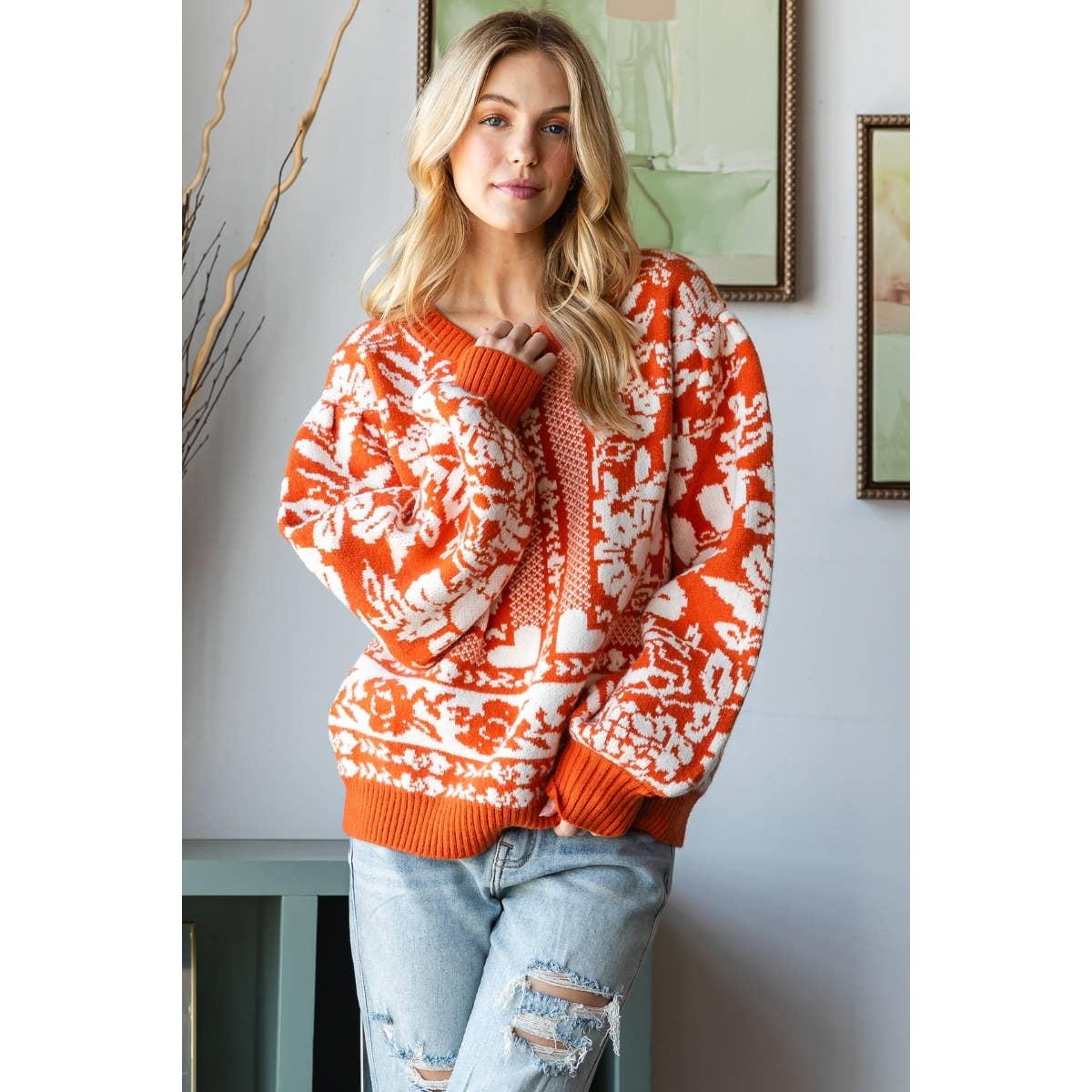 Veveret Garden Flower Knit Contrast Sweater Top