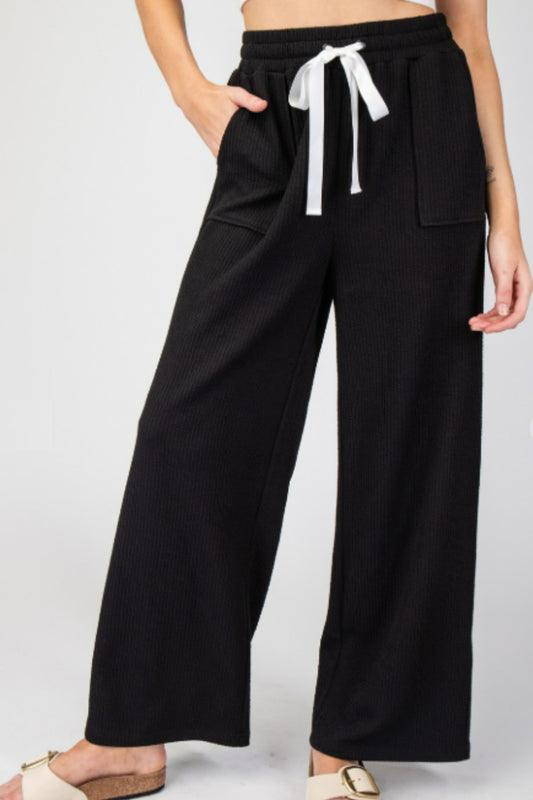 Black Textured Ribbon Straight Leg Pants