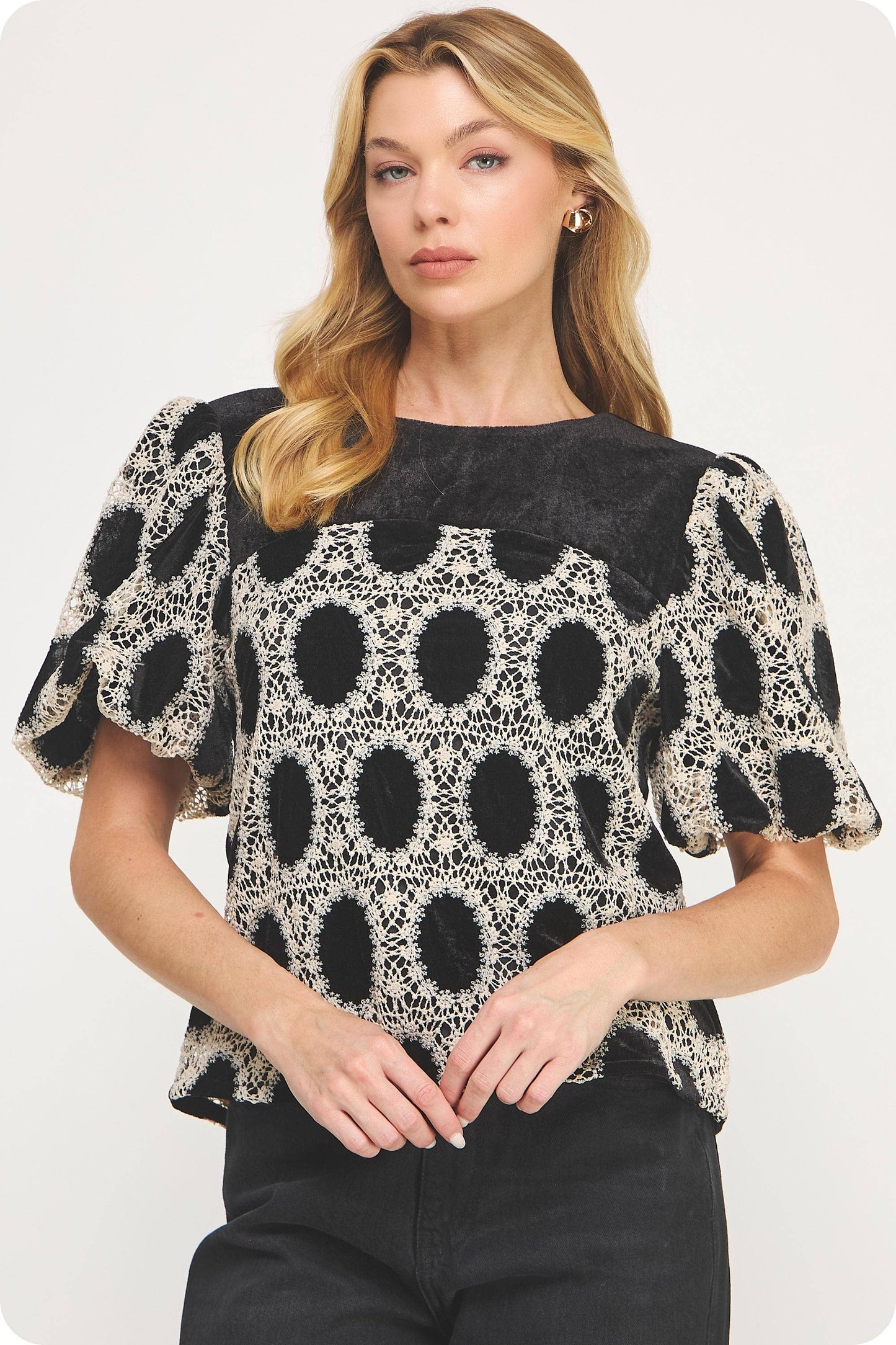 Strut and Bolt Crochet Velvet Puff Sleeve Top