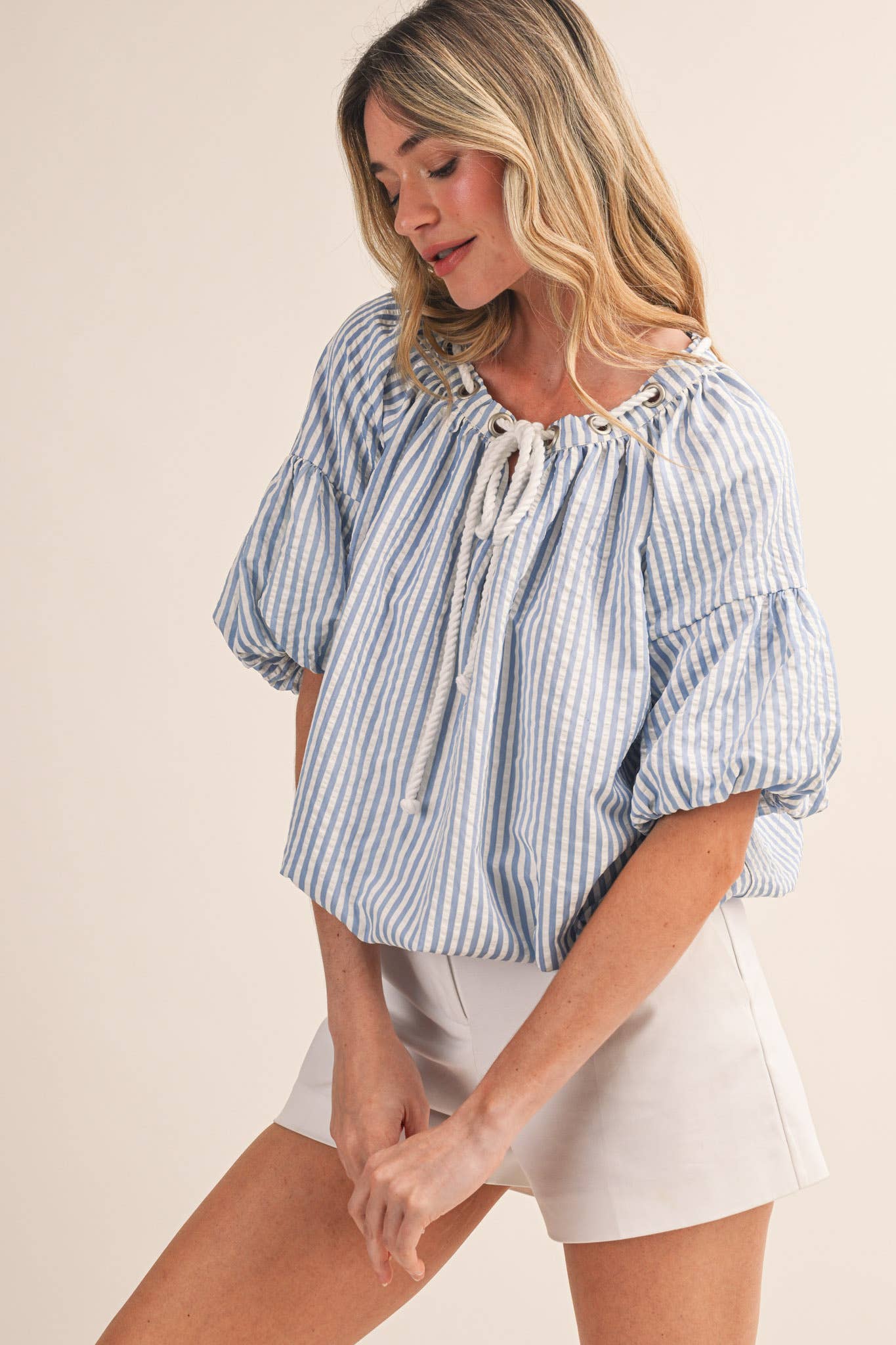 &Merci Blue and White Stripe Rope Trim Top