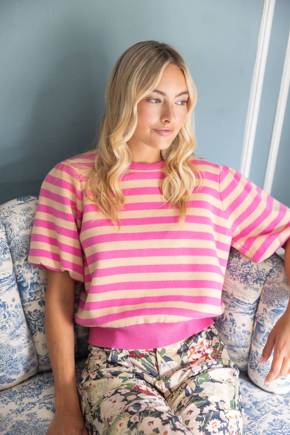 VOY Pink Stripe Printed Soft Top