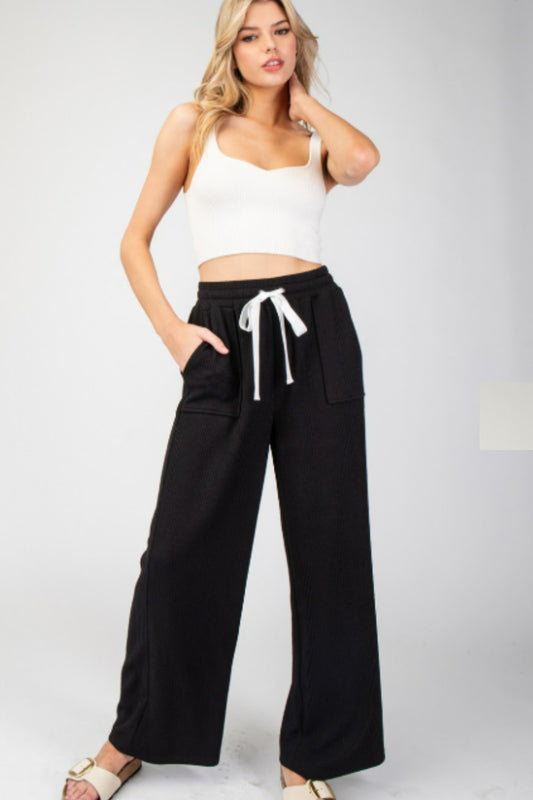 Black Textured Ribbon Straight Leg Pants