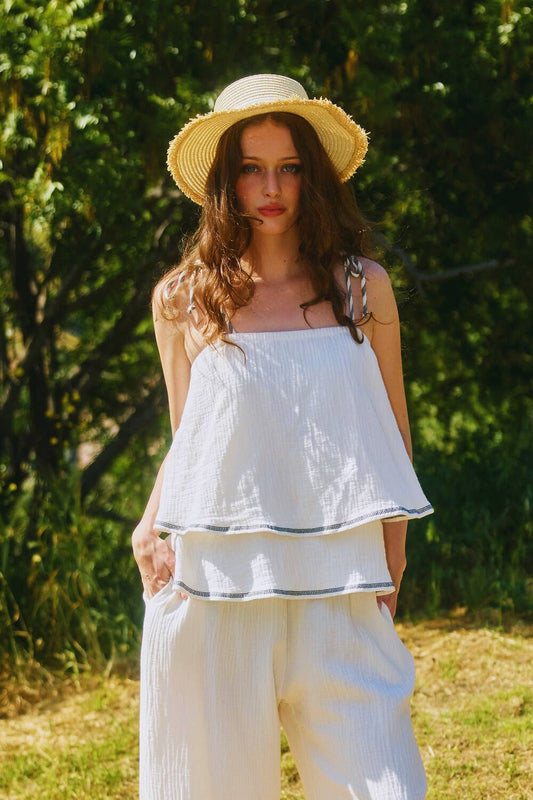 Bucketlist Ivory and White Cotton Gauze Top