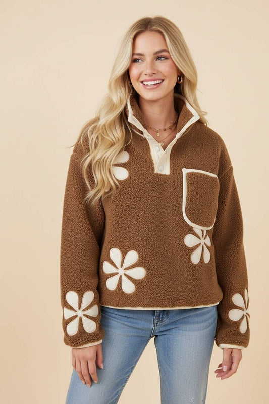 Floral Patch Camel Sherpa Pullover Top