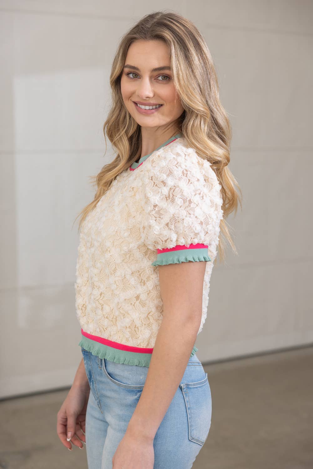 VOY Stripe Ribbed Knit Band Floral Textured Lace Top