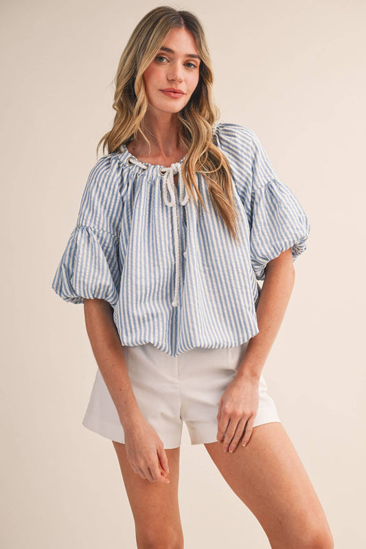 &Merci Blue and White Stripe Rope Trim Top