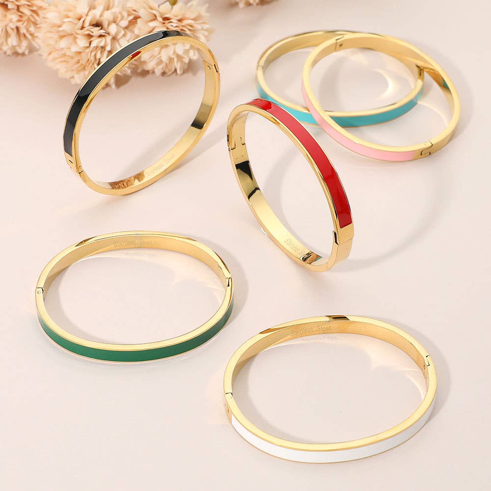 Pink Stainless Steel Enamel Inlay Hinged Bangle Bracelet