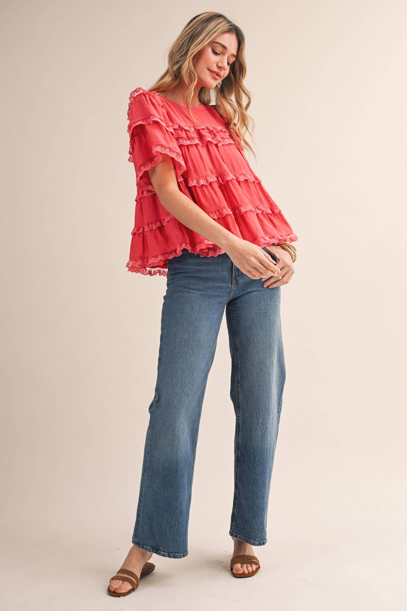 &Merci Tiered Ruffle Lace Trim Swing Top