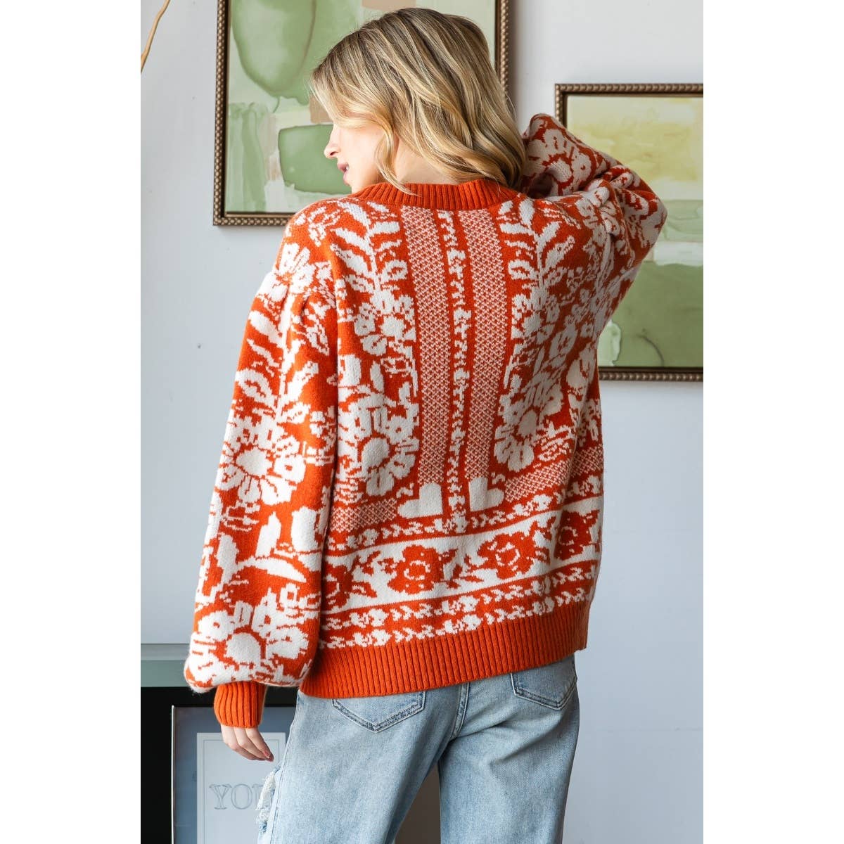 Veveret Garden Flower Knit Contrast Sweater Top