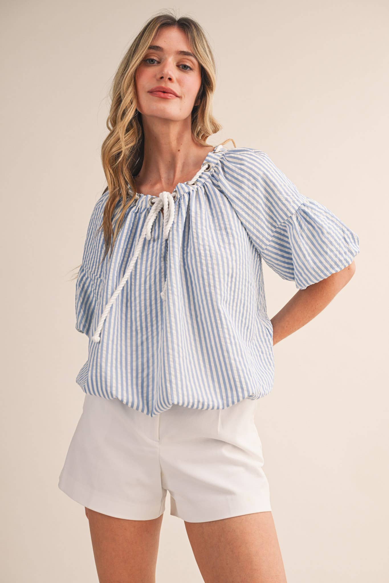 &Merci Blue and White Stripe Rope Trim Top