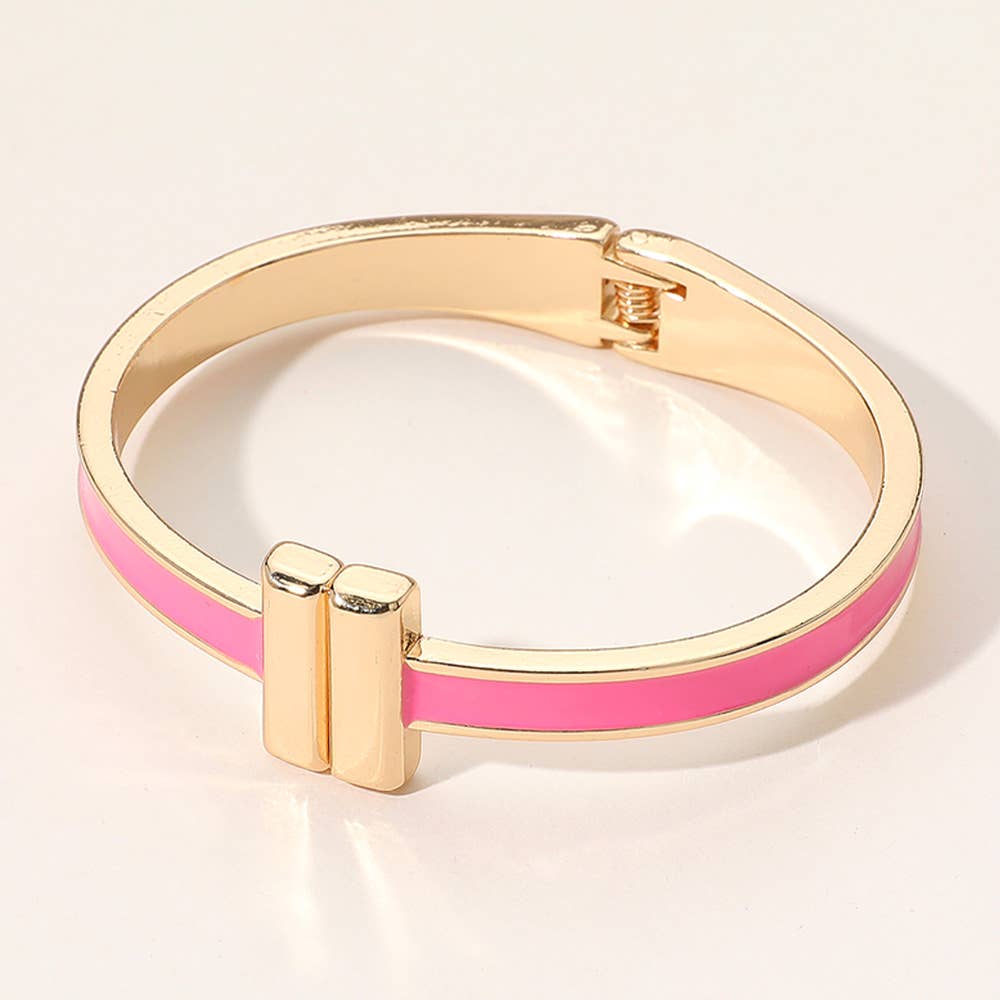 Pink Metal Bar Tip Enamel Hinged Bangle Bracelet