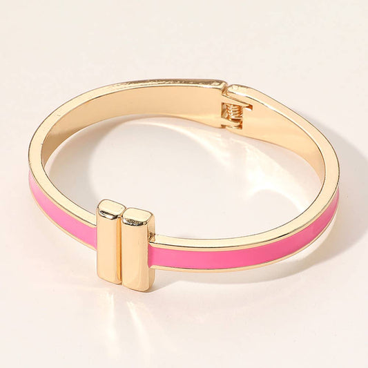 Pink Metal Bar Tip Enamel Hinged Bangle Bracelet