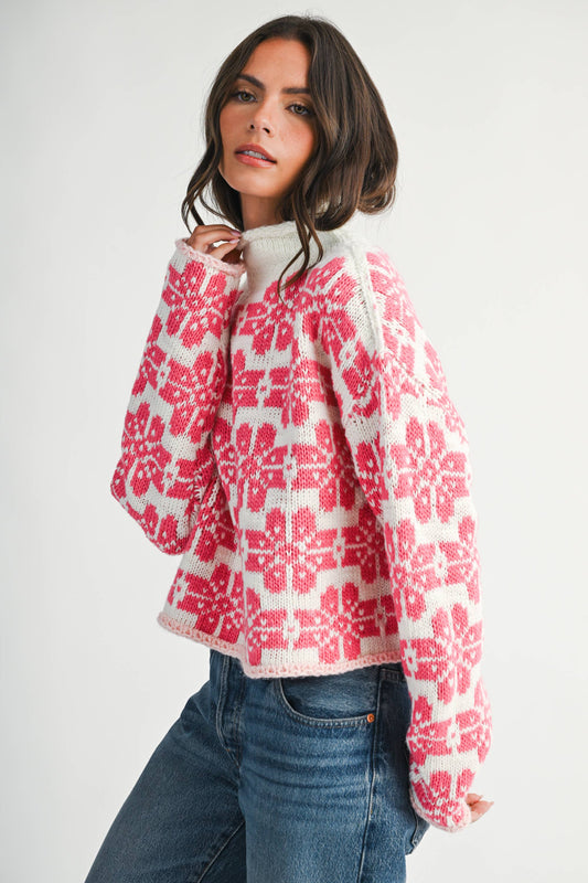 Pink Floral Fair Isle Mock Neck Sweater