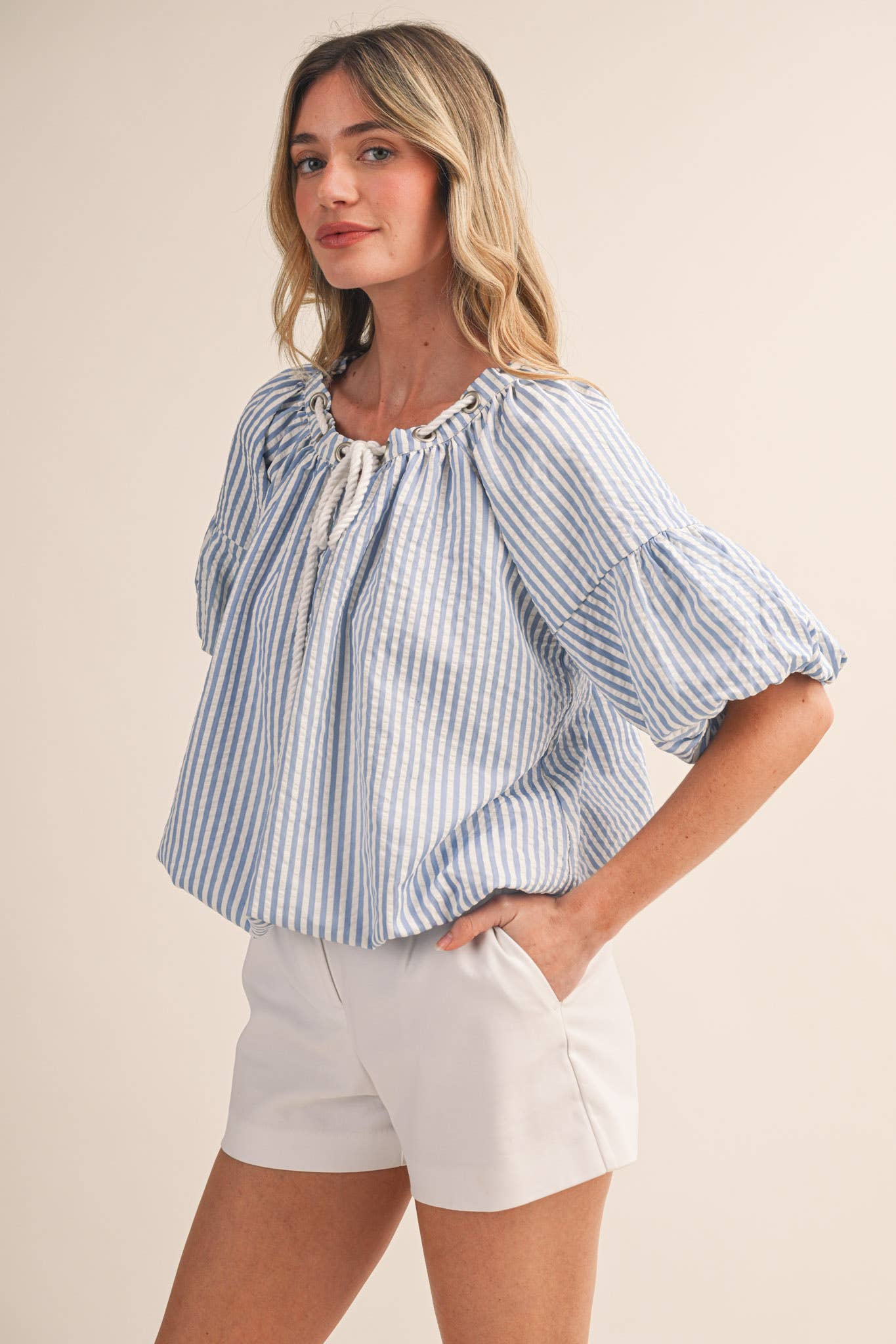 &Merci Blue and White Stripe Rope Trim Top